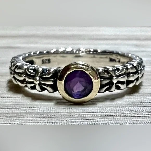 Vintage Designer Signed P Sterling Silver & 14K Gold Amethyst Ring, Size 7